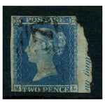 GB 1841-51 2d Blue, near 3 margins with part marginal inscription, used with 1844 cancel. SG14h