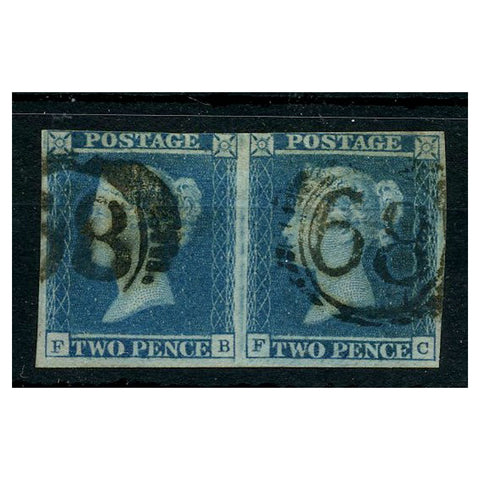GB 1841-51 2d Blue, horiz pair, 3 margins, good to fine used. SG14
