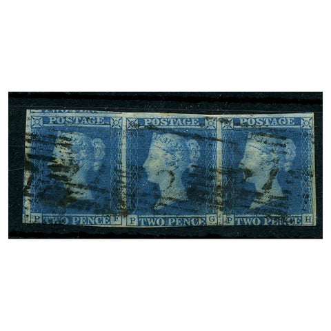 GB 1841-51 2d Blue, plate 3, horiz strip of 3, 3 margins, good to fine used. SG14