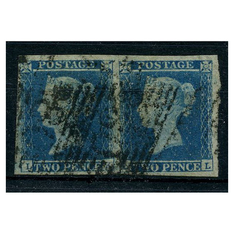 GB 1841-51 2d Deep full-blue, pl. 4, horiz pair, 4 marg, THIN PAPER, used with Irish cancels. SG15va