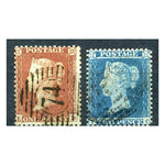 1854-57 1d (die I), 2d (pl 4) Perf 14, small wmk pair, good to fine used. SG22-23