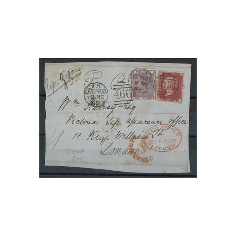 GB 1859 1d, 6d Scarce mixed frank front from liverpool to London with 2 resitration marks. SG22, 70