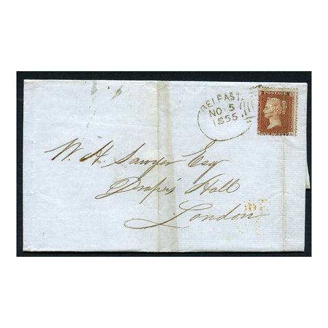 GB 1855 1d Red-brown die II, perf 14, on cover from Belfast to London used with 'spoon' cancel. SG29