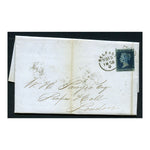 GB 1858 2d Blue, pl5 used on folded entire from Belfast to London (thimble rect mk) via Dublin. SG34