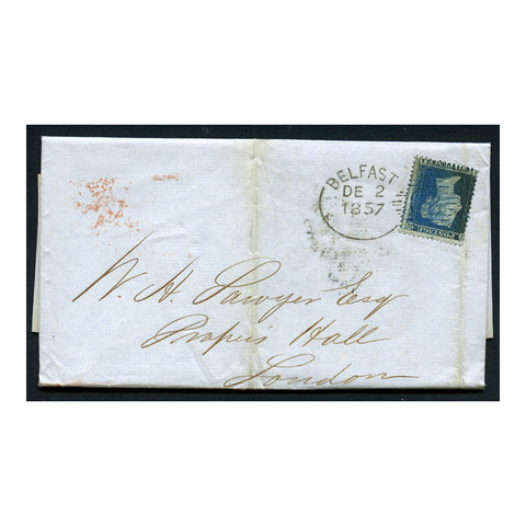 GB 1857 2d Blue, pl 6, on entire from Belfast to London via Dublin, used with 'spoon' cancel. SG35