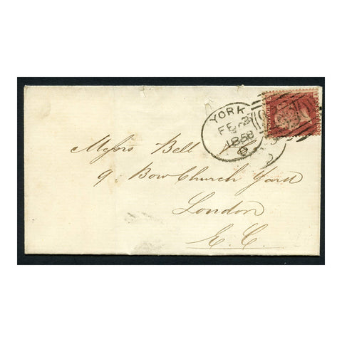 GB 1858 1d Rose-red, perf 14, used on cover with York 'spoon' cancel to London. SG40