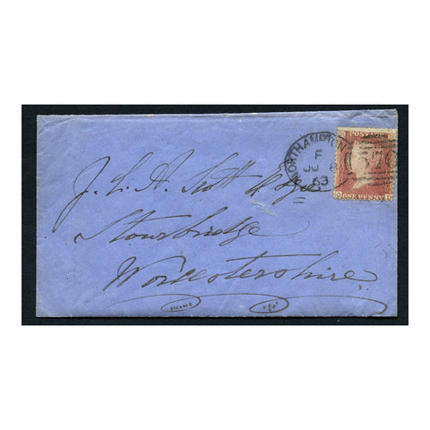GB 1863 1d Rose-red, perf 14, used on cover with Northampton 'spoon' cancel to Stourbridge. SG40