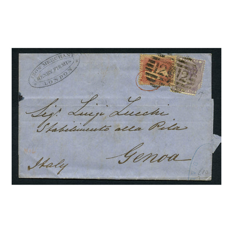 GB 1862 1d, 6d Mixed frank cover London to Genoa with commrcl endsmnt & London 'thimble.' SG40, 69