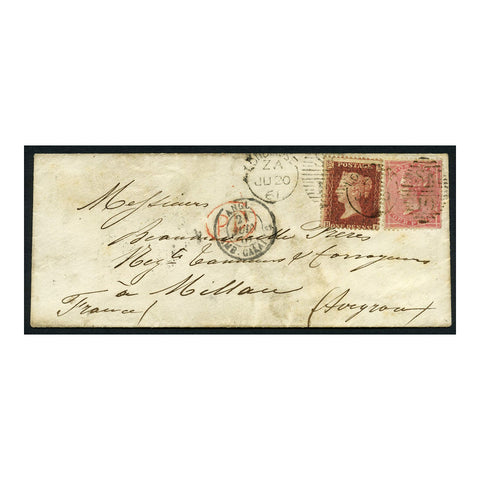GB 1861 1d, 4d Mixed frank cover from London to Milan, marginal selvedge used to seal. SG42, 66a