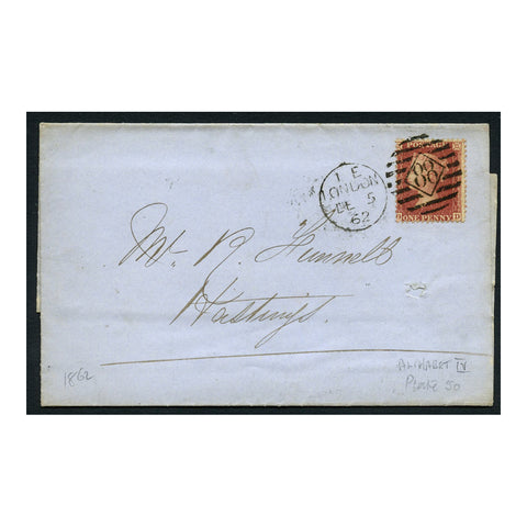 GB 1862 1d Rose-red, die II, plate 50, fine used on cover from London to Hatings. SG42