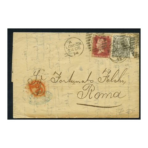 GB 1874 1d (pl 103), 6d (pl 13, WM) Mixed frank folded entire from London to Rome. SG43, 147