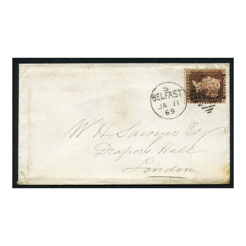 GB 1869 1d Lake-red, pl 95, used on cover from Belfast to London via Moneymore (trans rev). SG44