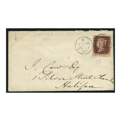 GB 1867 1d Lake-red, pl 76, used on cover from East York to Halifax. SG44