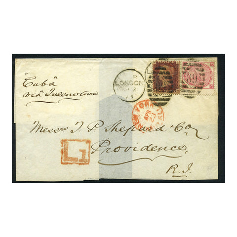 GB 1873 1d, 3d Mixed frank part cover from London to Rhode Is via Queenstown & NYC. SG44, 103