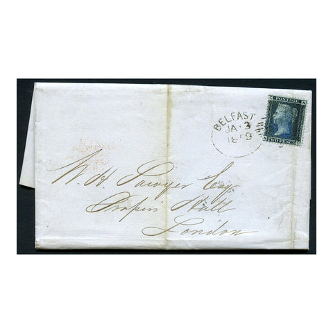 GB 1859 2d Blue (pl 7) used on entire from Belfast to London via Dublin with 'spoon' cancel. SG45