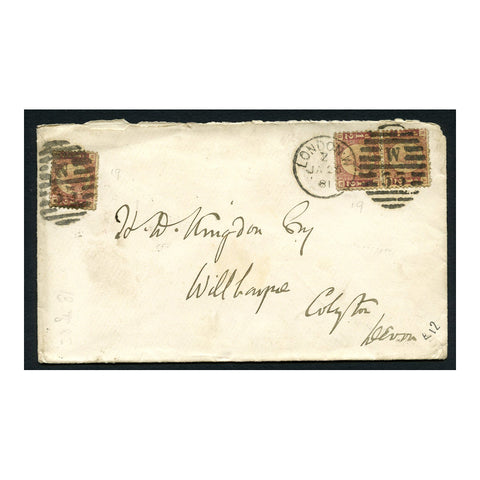 GB 1881 1/2d Vert pair & single (from same strip), pl 6, used on cover from London to Colyton. SG49