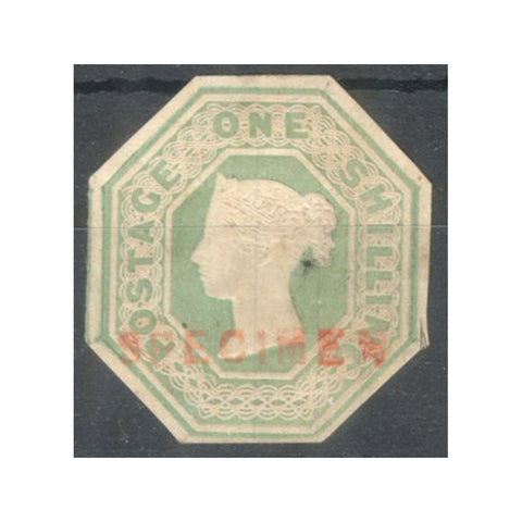 1847-54 1/- Pale-green, SPECIMEN, mtd mint. Cut to shape, faulty. SG54