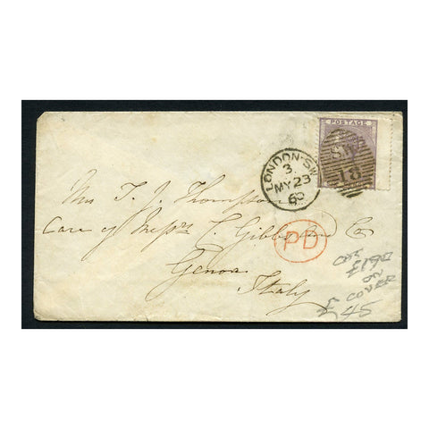 GB 1860 6d Lilac (wing marginal) used on tidy cover from London to Genoa, red 'PD' mark front. SG68