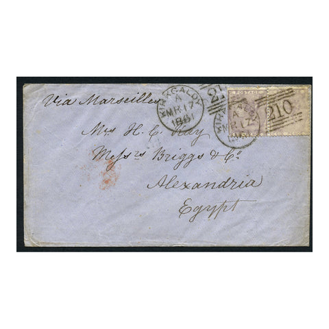 GB 1861 6d Pale-lilac, horiz pair, used on cover from Kirkcaldy to Alexandria (Egypt). SG70