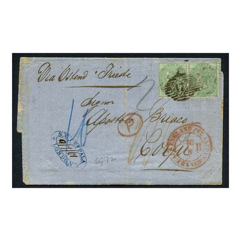 GB 1861 1/- Pale-green, horiz pair used on entire London to Corfu via Ostend, Aachen &Trieste. SG73