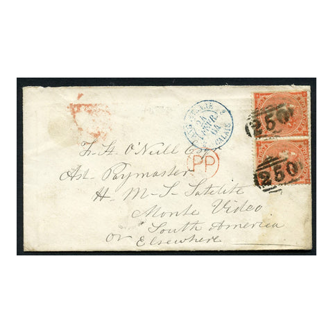 GB 1864 4d Bright-red, type B, horiz pair, used on cover from London to the HMS Satellite (SA). SG81