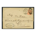 GB 1875 4d Dull-vermillion, pl 14, used on cover from London to Genes (IT) 'via France.' SG93