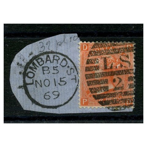 GB 1869 4d Deep-vermillion, plate 11, used on fragment with Lombard Street cancel. SG95