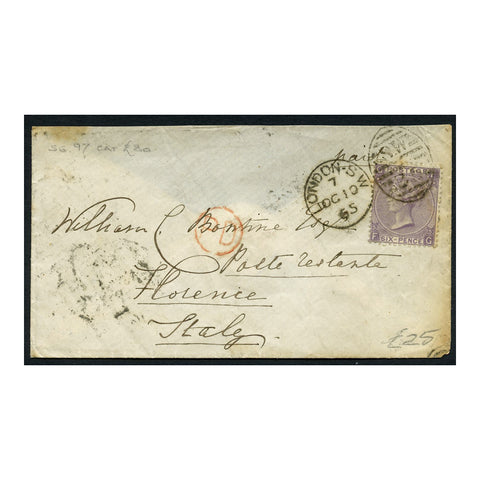 GB 1865 6d Lilac, pl 5, used on compact cover (missing flap) to Florence. SG97