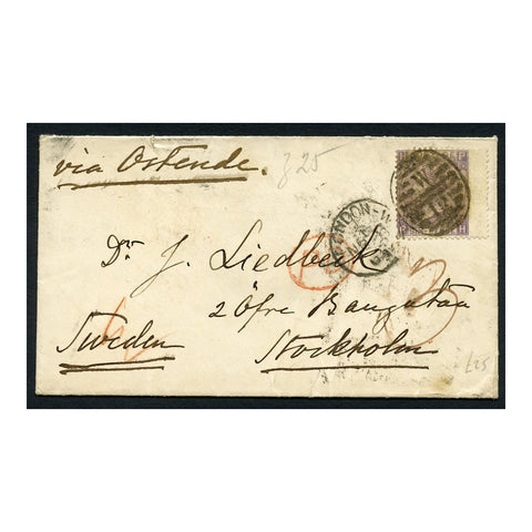 GB 1869 6d Lilac, pl 5, wing-marginal, used on tidy cover to Stockholm. SG97