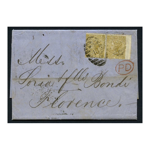 GB 1866 9d Straw, pl 4, horiz pair (right wing marginal), on folded entire London to Florence. SG98