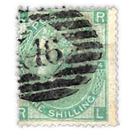GB 1865-67 1/- Green, plate 4, printed on thick paper, good used, cat. £380. SG101b