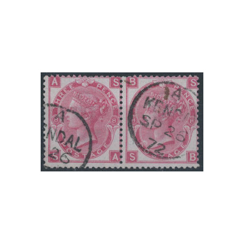 GB 1872-80 3d Rose, plate 8, horizontal pair used with lovely 'KENDAL' thimble cds cancels. SG103