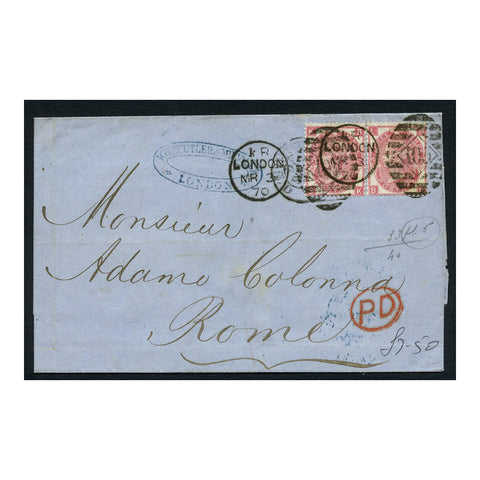 GB 1870 3d Rose, pl 5, 2 axamples (seperated pair) on cover from London to Rome via Paris. SG103