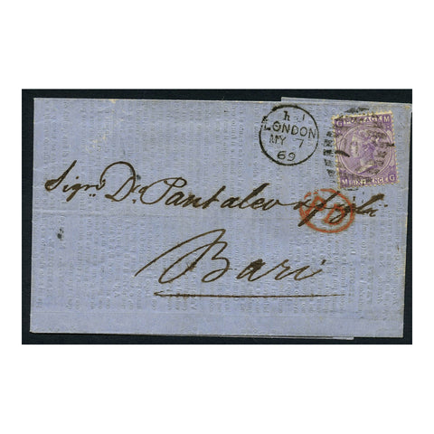 GB 1868 6d  Dull-violet, pl 8, used on entire from London to Bari (IT). SG108