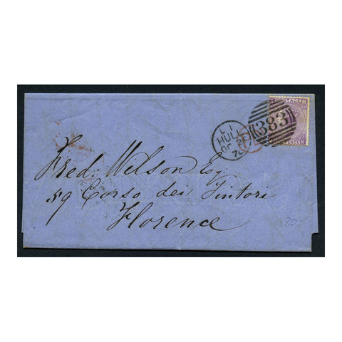 GB 1870 6d Mauve, pl 9, on tidy cover from Hull to Florence via London. SG109