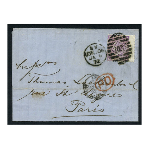 GB 1872 6d Mauve, pl 9, wing marginal used on cover from London to Paris. SG109