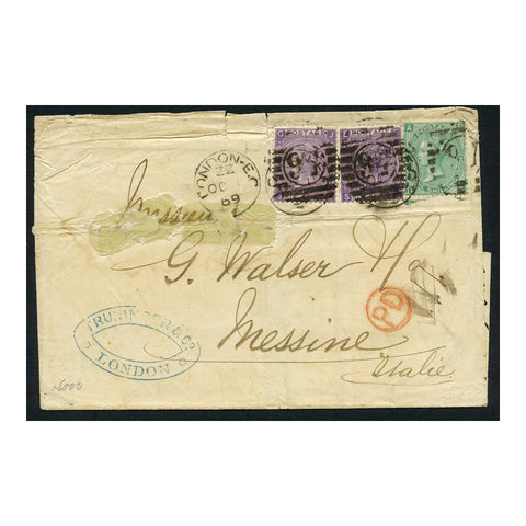 GB 1869 6d Mauve (pl 8) x2 & 1/- green (pl 4), used on cover from London to Messine (IT). SG109, 117