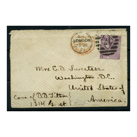 GB 1870 6d Mauve, pl 9, on tidy cover from London to Washington, DC. SG109