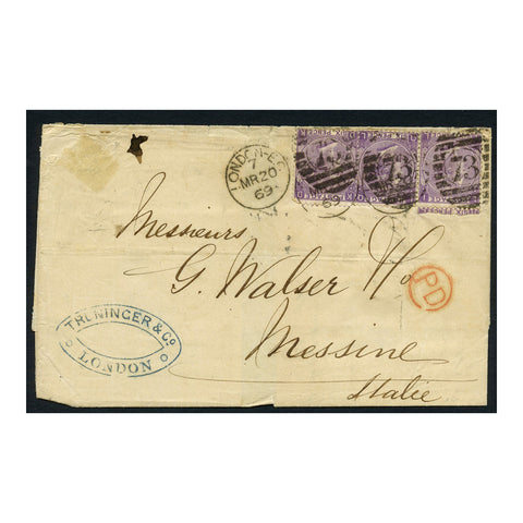 GB 1869 6d Mauve, pl 8, horiz strip of 3, on cover from London to Messina nia Naples. SG109