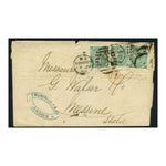 GB 1869 1/- Green, pl 4, 3 examples used on cover from London to Messina (IT), unusual rate. SG117