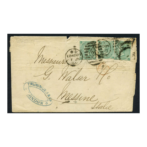GB 1869 1/- Green, pl 4, 3 examples used on cover from London to Messina (IT), unusual rate. SG117