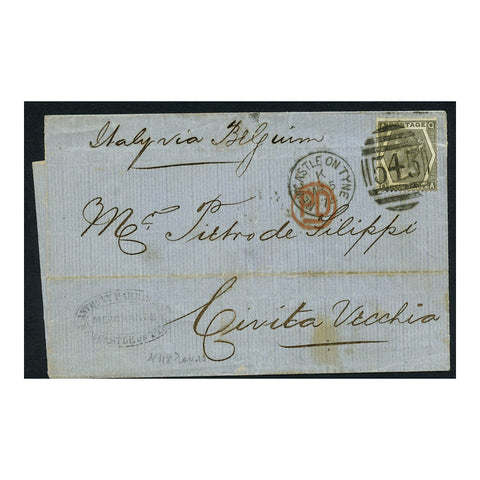 GB 1874 6d Grey (pl 12), used on cover from Newcastle to Civita Vecchi via Belgium. SG125