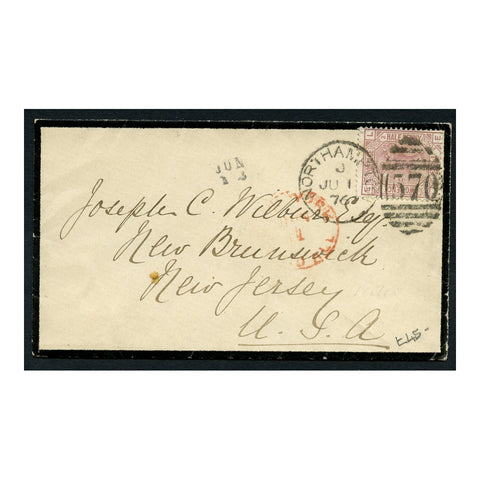 GB 1876 2-1/2d Rosy-mauve, pl 3, used on mourning cover from Northampton to NJ via NYC. SG141