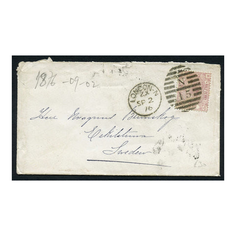 GB 1876 2-1/2d Rosy-mauve, pl 4, used on compact cover from London to Sweden. SG141