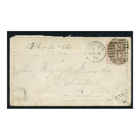 GB 1876 2-1/2d Rosy-mauve, pl 5, used on compact cover from London to Sweden. SG141