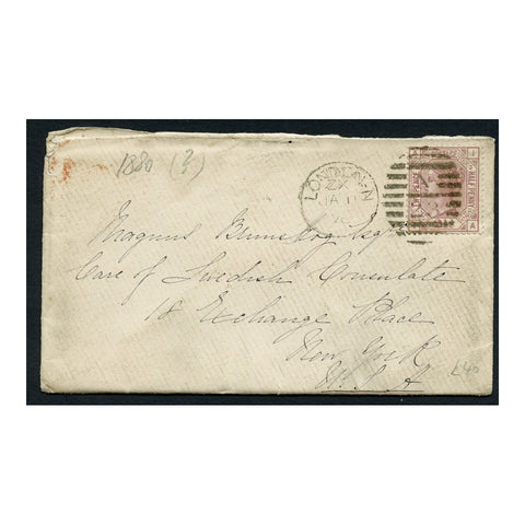 GB 1876 2-1/2d Rosy-mauve, pl 3, used on cover from London to NYC (red incoming mark on rev). SG141