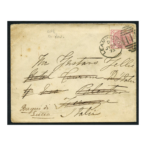 GB 1875 3d Pale-rose, pl 17, wing marginal, on cover Leamington to Firenze, NPB cds on rev. SG144