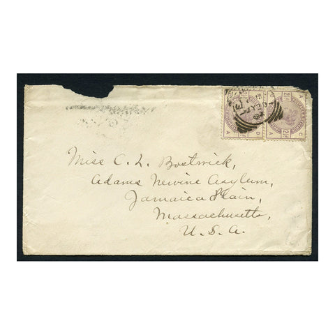 GB 1884 2-1/2d Lilac (x2) used on cover to the Adams Vervine Asylum (Massachusetts). SG190