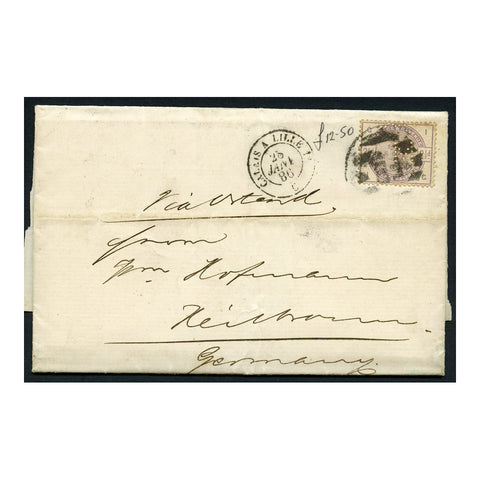 GB 1886 2-1/2d Lilac perfin, used on entire to Germany via FR, NL. Commercial endorsement rev. SG190