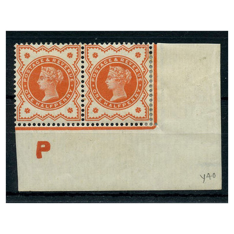 GB 1887-1900 1/2d Vermillion, horiz control (thick P) pair ON RIBBED PAPER, fresh mtd mint. SG197var